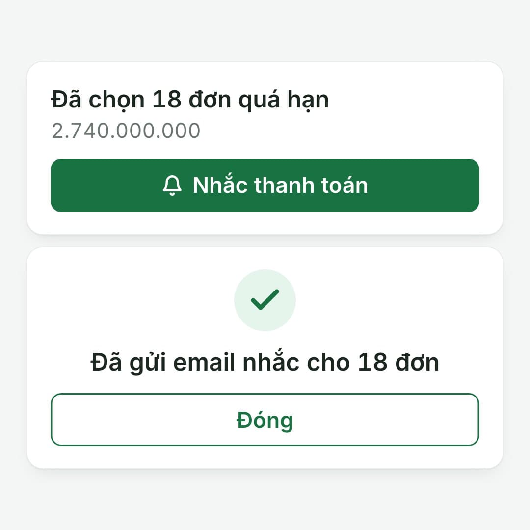 Nhắc khoản quá hạn: Chọn 18 đơn quá hạn, 2.740.000.000, gửi email nhắc một lần.