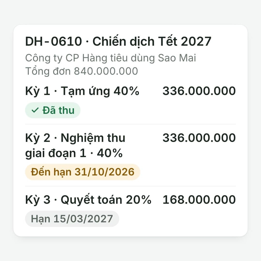 Chia dự án 3 đợt: Chiến dịch Tết 2027 cho Sao Mai, 840.000.000: tạm ứng, nghiệm thu, quyết toán.