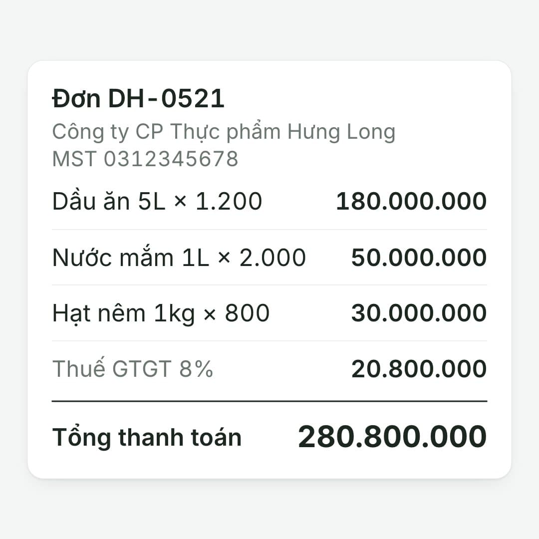 Tạo đơn như thường: Đơn DH‑0521 cho Hưng Long: 3 dòng hàng, 280.800.000 gồm thuế GTGT 8%.