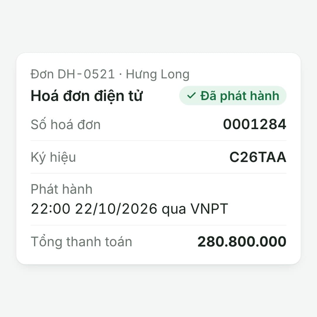 Hoá đơn gắn với đơn: Đúng 22:00, hoá đơn 0001284 phát hành qua VNPT, hiện trên đơn DH‑0521.