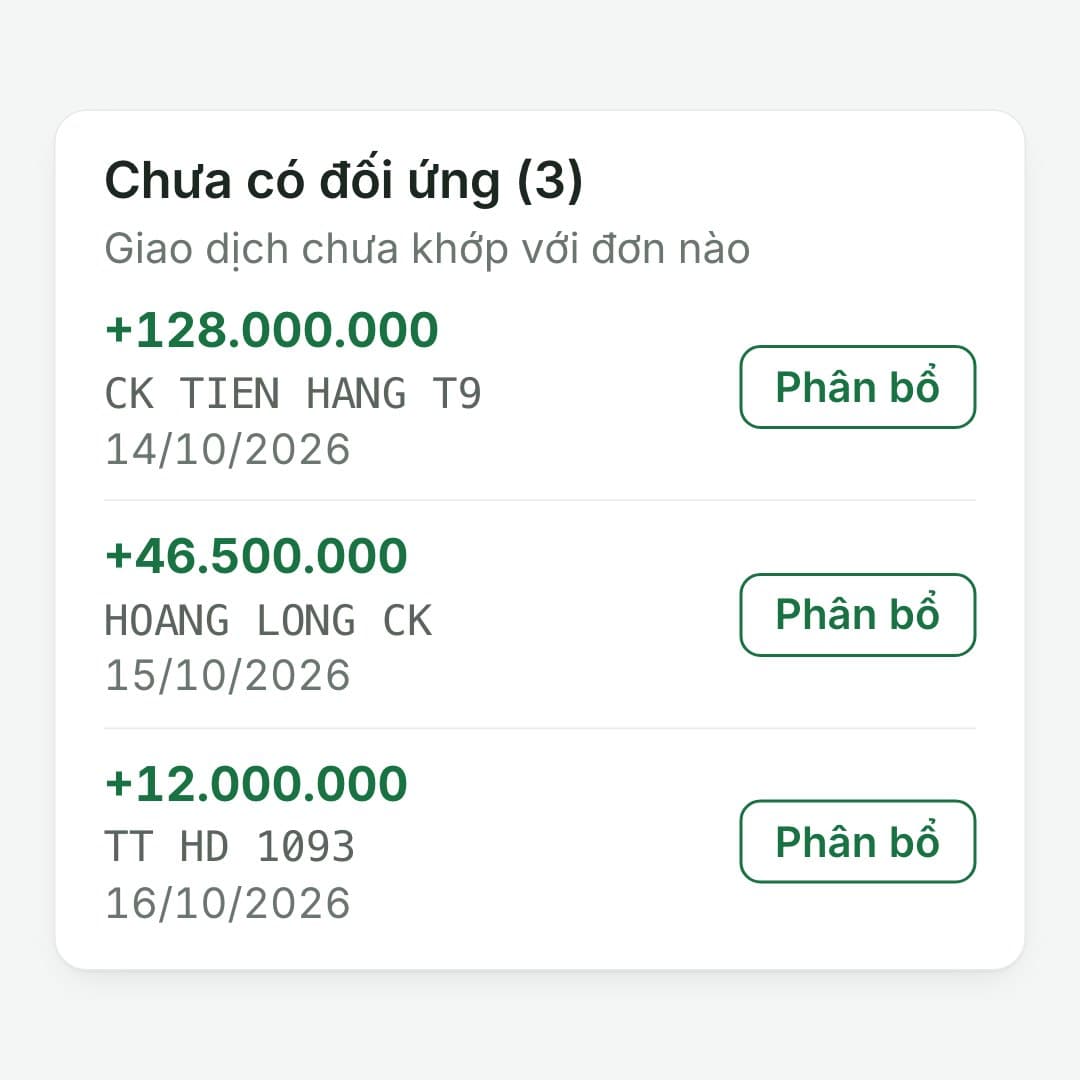 Khoản chưa khớp tách riêng: 3 khoản trong "Chưa có đối ứng", như +128.000.000 "CK TIEN HANG T9".