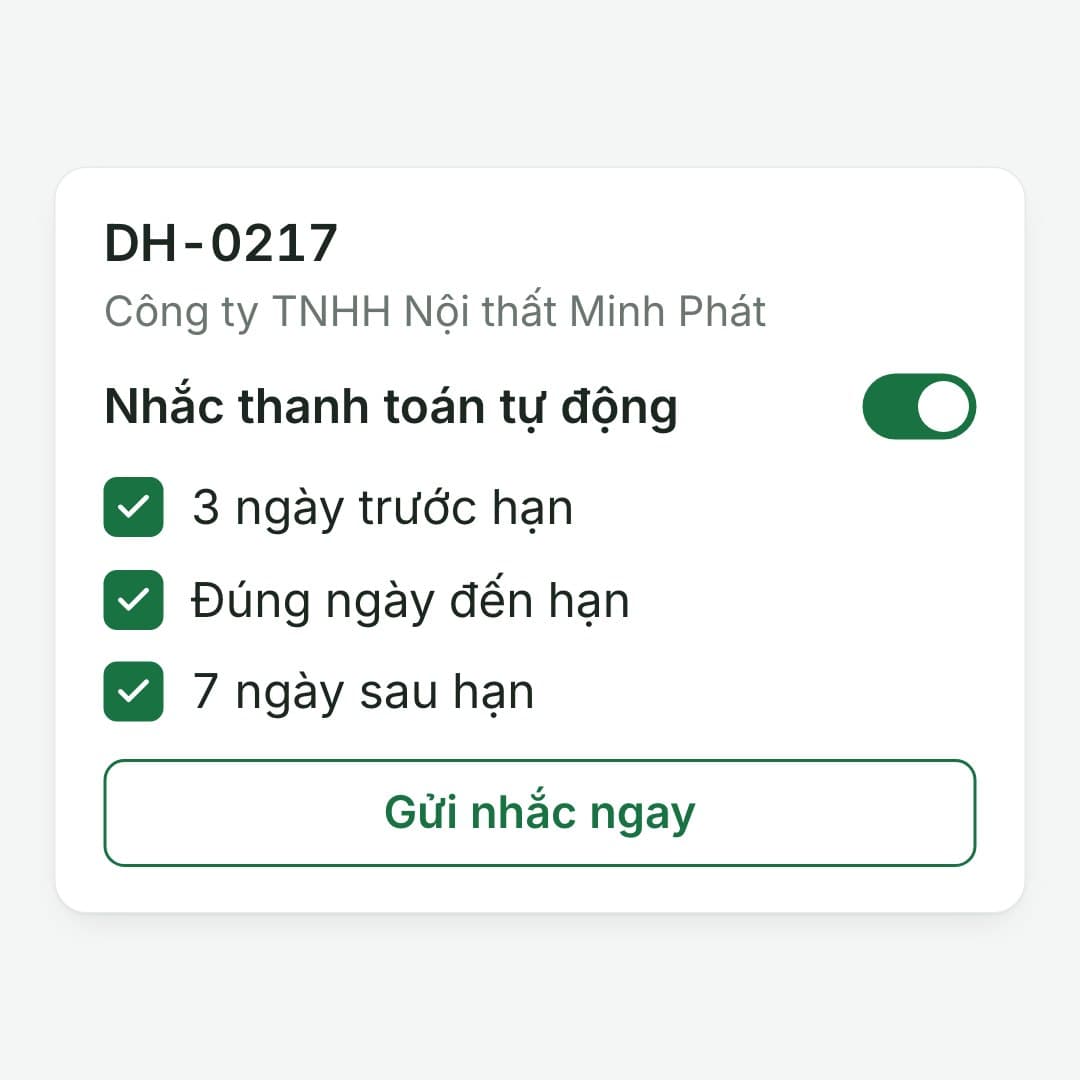 Bật nhắc tự động: Đơn DH‑0217: nhắc 3 ngày trước hạn, đúng hạn, 7 ngày sau hạn.