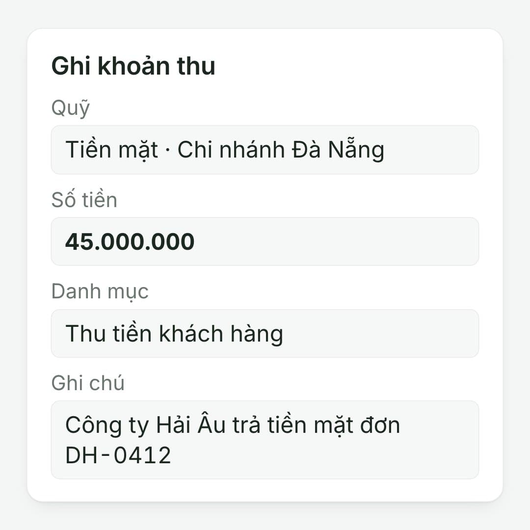 Ghi ngay lúc thu: Chi nhánh Đà Nẵng ghi khoản thu 45.000.000 của Công ty Hải Âu.