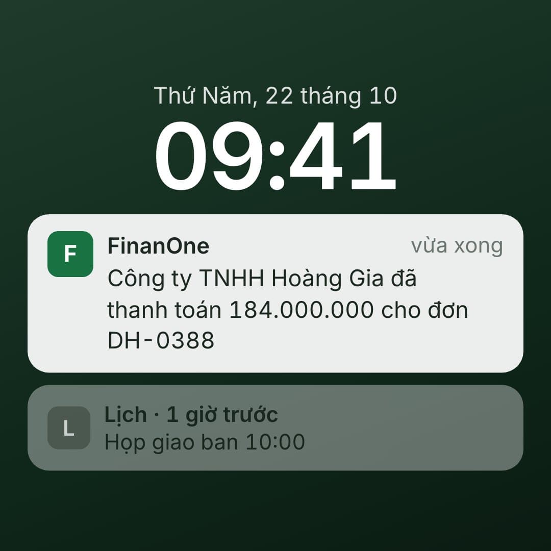 Báo ngay trên điện thoại: Hoàng Gia chuyển 184.000.000; người tạo đơn được báo, kèm mã DH‑0388.
