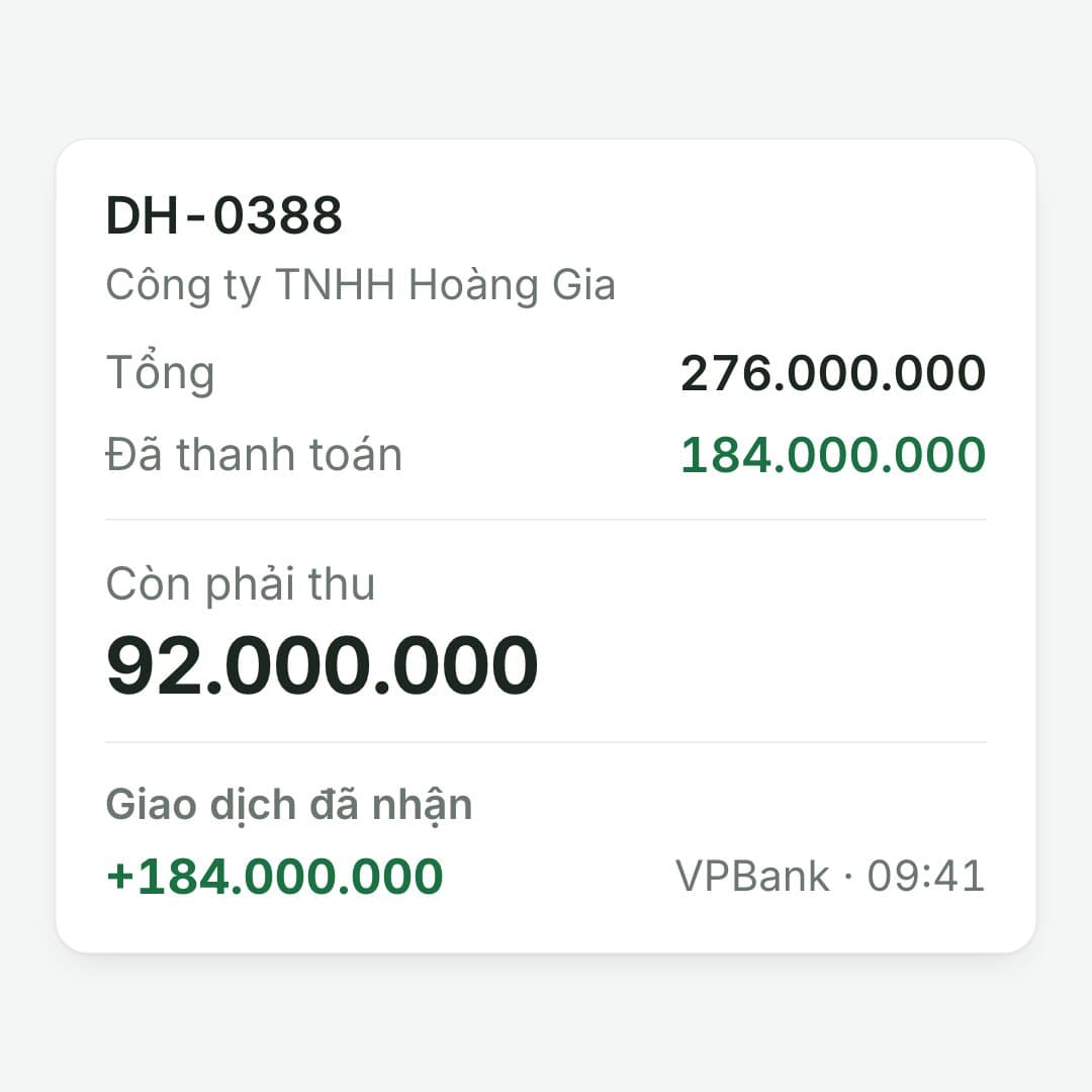Khớp vào đúng đơn: Ghi vào đơn 276.000.000 kèm giờ, ngân hàng; đơn còn nợ 92.000.000.