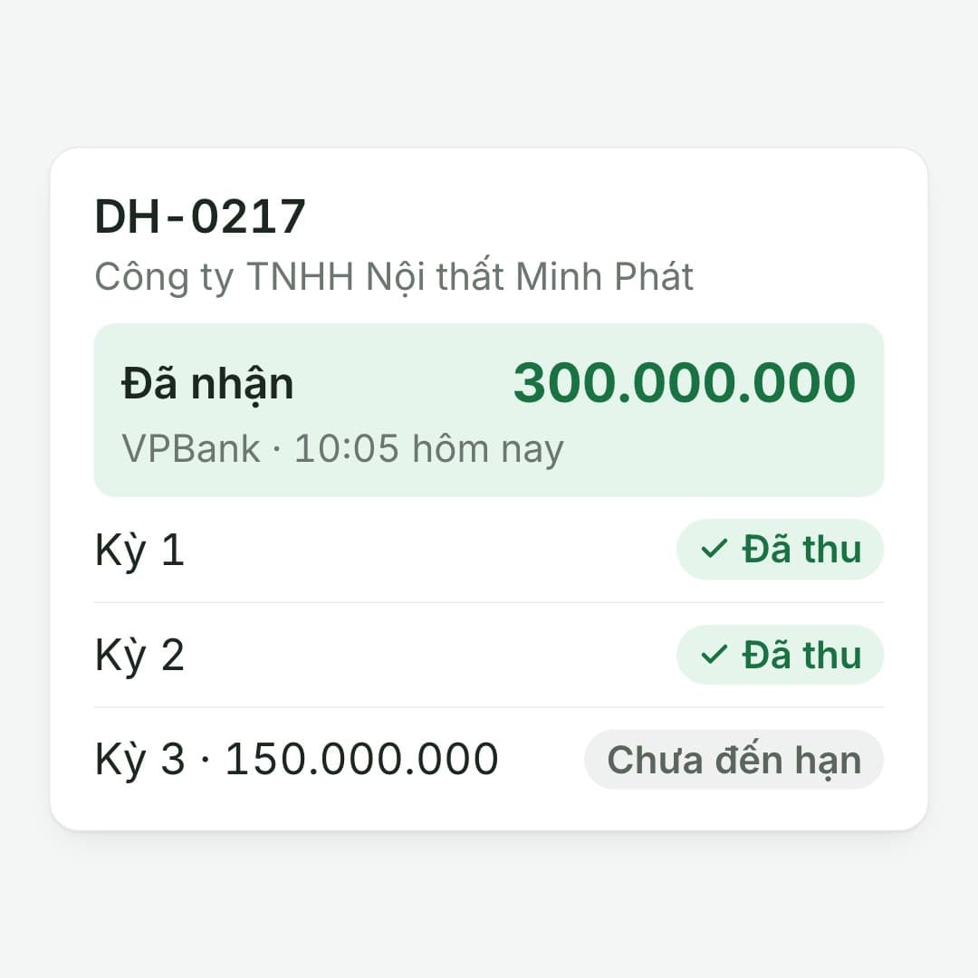 Tiền về tự khớp: Kỳ 1, kỳ 2 chuyển "Đã thu"; người tạo đơn được báo.