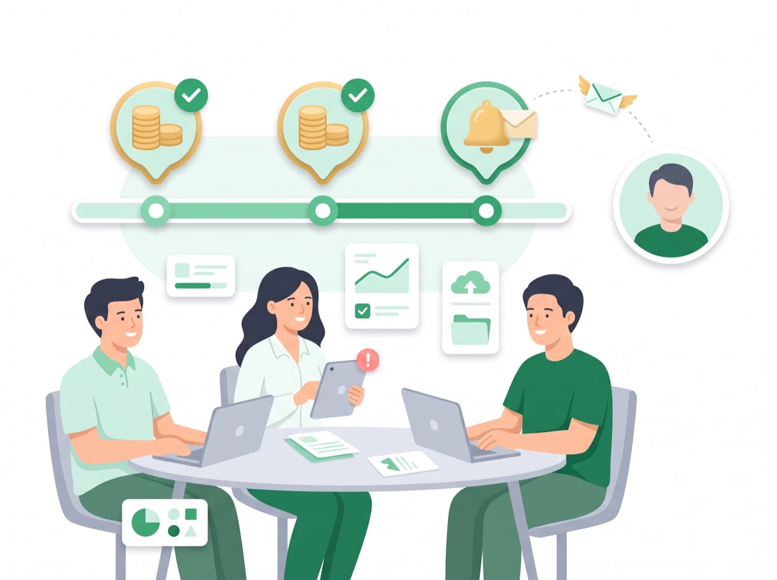 Đã trả lương, ứng tiền quảng cáo, khách chưa trả. Đến hạn đợt nào, email nhắc đợt đó, không cần ai nhớ.