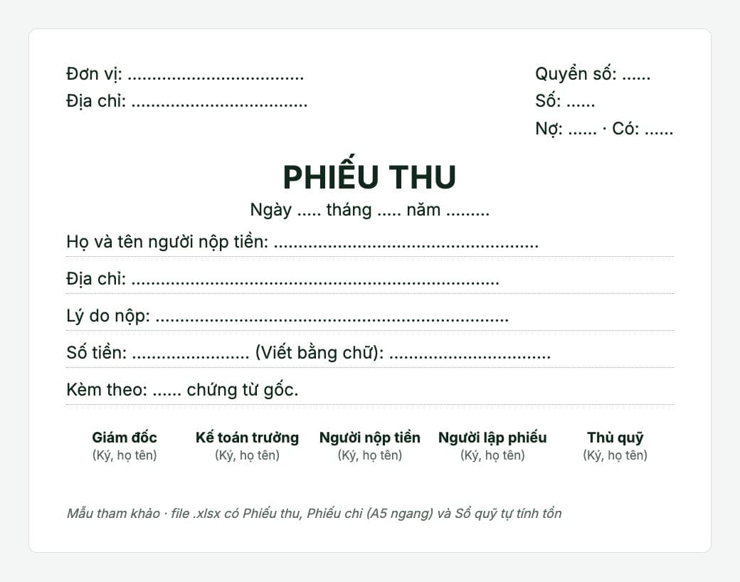 Xem trước mẫu phiếu thu: đơn vị, số phiếu, người nộp tiền, lý do, số tiền và 5 ô ký
