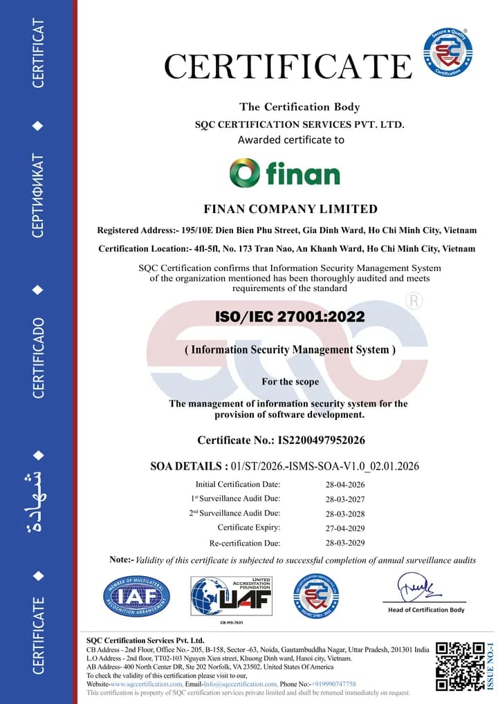Finan Company Limited's ISO/IEC 27001:2022 certificate — Vietnamese/English version