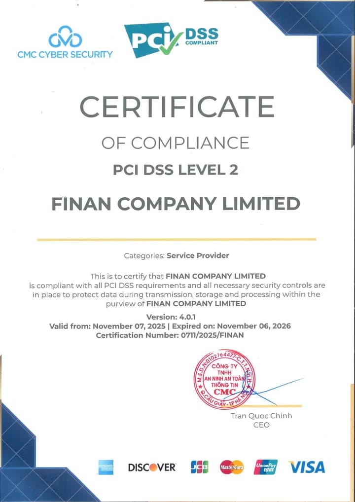 Finan Company Limited's PCI DSS Level 2 compliance certificate — English version