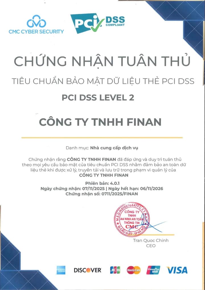 Chứng nhận tuân thủ PCI DSS Level 2 của Công ty TNHH Finan — bản tiếng Việt