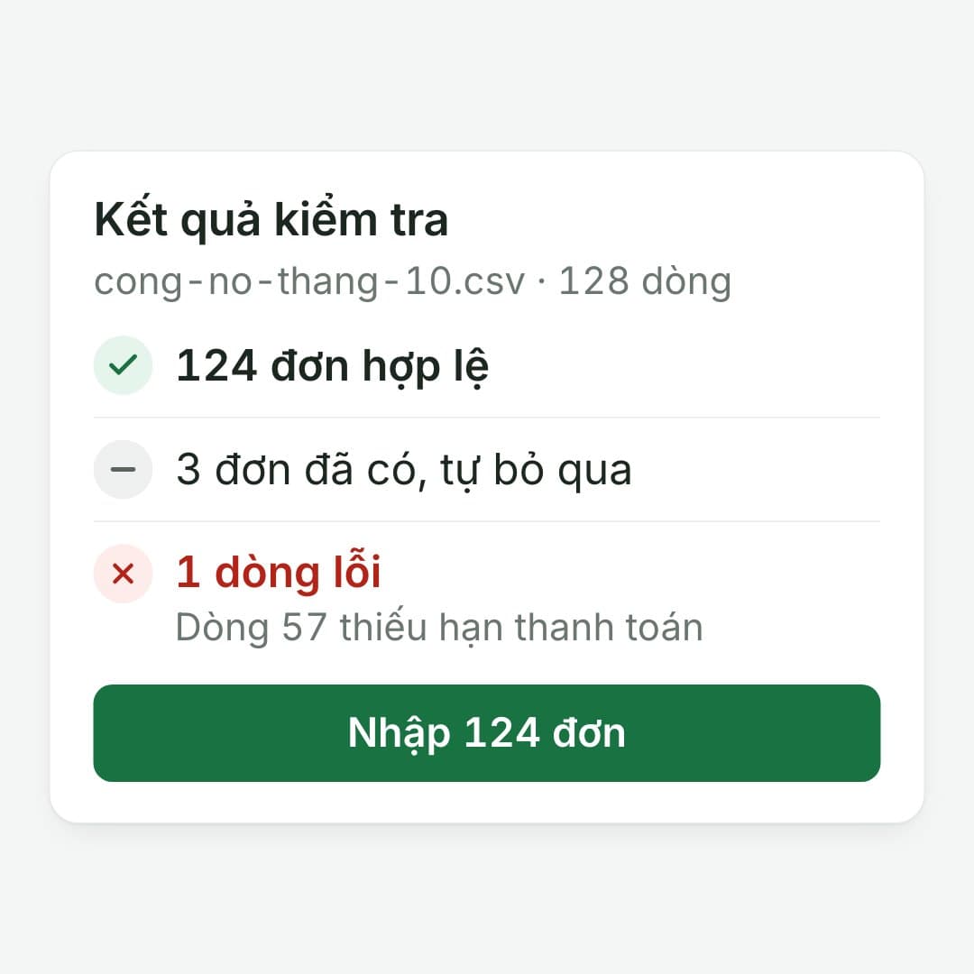 Kiểm tra từng dòng: 124 đơn hợp lệ, 3 đơn trùng tự bỏ qua, 1 dòng thiếu hạn.