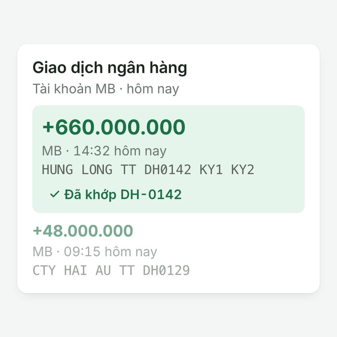 Tiền về tài khoản: Hưng Long chuyển 660.000.000 cho đơn 990.000.000, nội dung có mã DH‑0142.