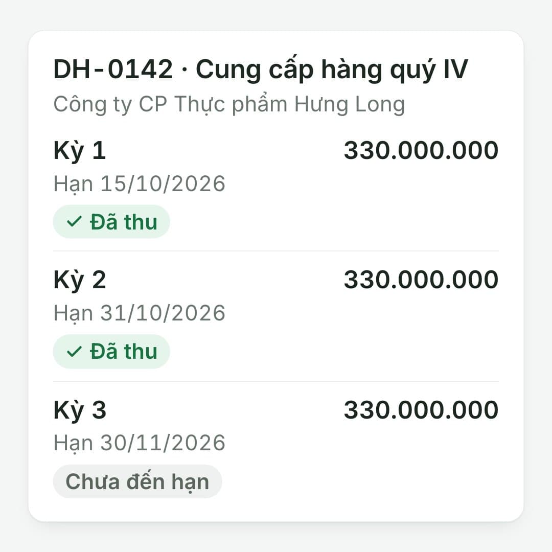 Tự khớp vào từng kỳ: Trừ vào kỳ 1 và kỳ 2, mỗi kỳ 330.000.000; hai kỳ chuyển "Đã thu".