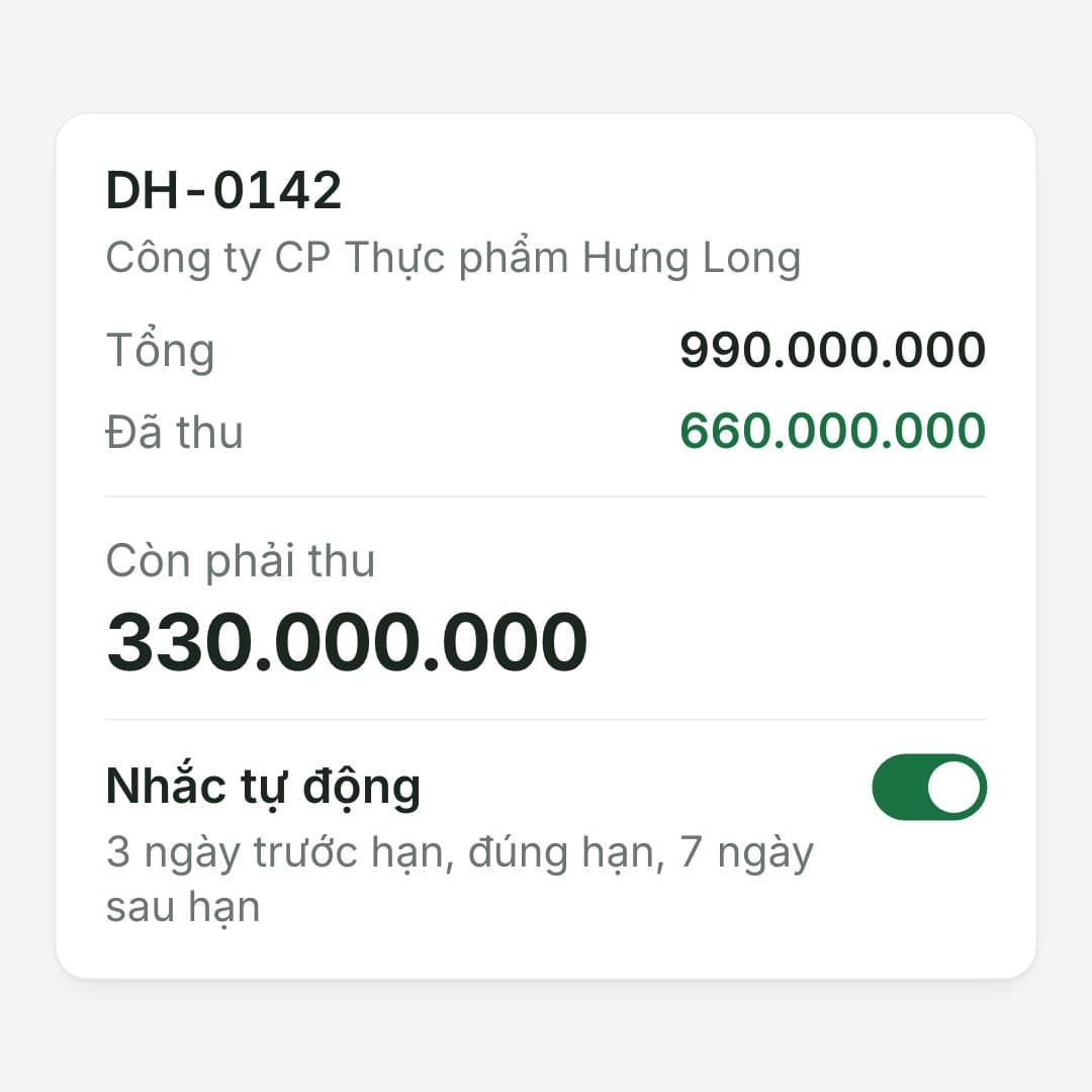 Biết còn bao nhiêu: Còn 330.000.000 cho kỳ 3, hạn 30/11/2026; email nhắc tự gửi.