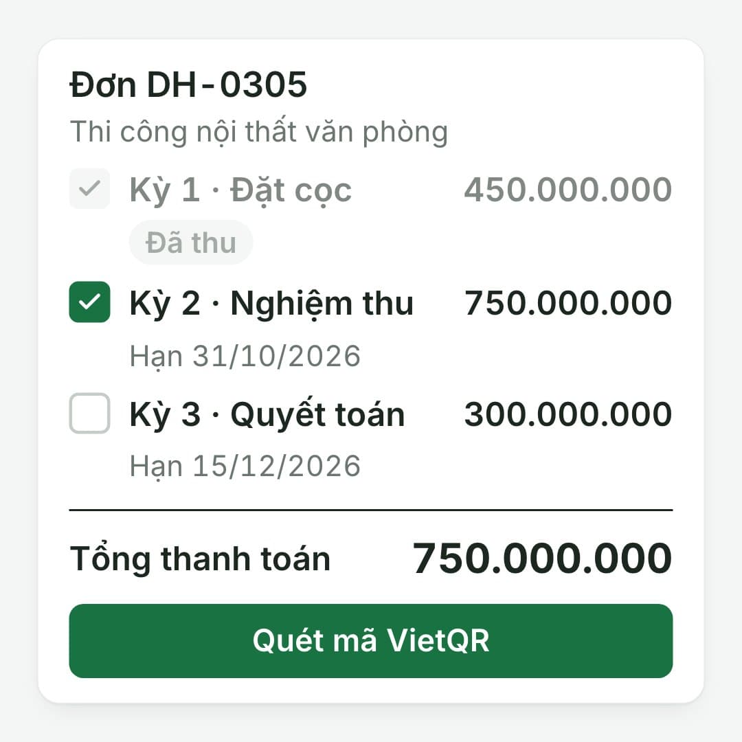 Khách chọn đợt cần trả: Nghiệm thu xong, khách chọn đợt 750.000.000, quét một mã VietQR.