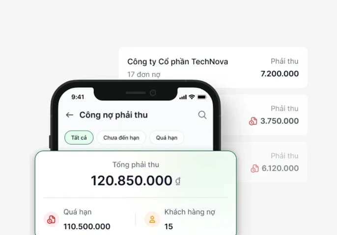 Màn hình Công nợ phải thu trên điện thoại: tổng phải thu 120.850.000 đồng, 15 khách hàng nợ