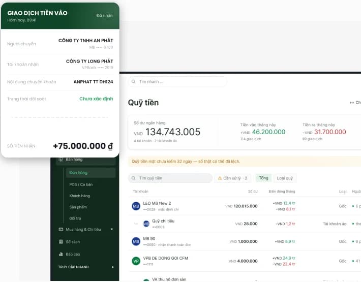 Giao dịch tiền vào 75.000.000 đồng từ Công ty TNHH An Phát cạnh màn hình Quỹ tiền