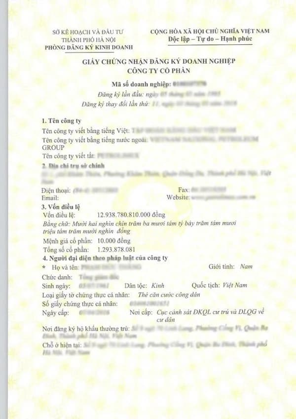 Giấy chứng nhận đăng ký doanh nghiệp (minh hoạ)