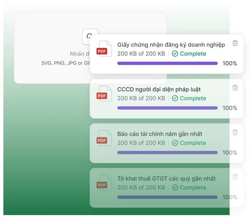 Danh sách tài liệu đã tải lên FinanOne: giấy chứng nhận đăng ký doanh nghiệp, CCCD, báo cáo tài chính, tờ khai thuế GTGT