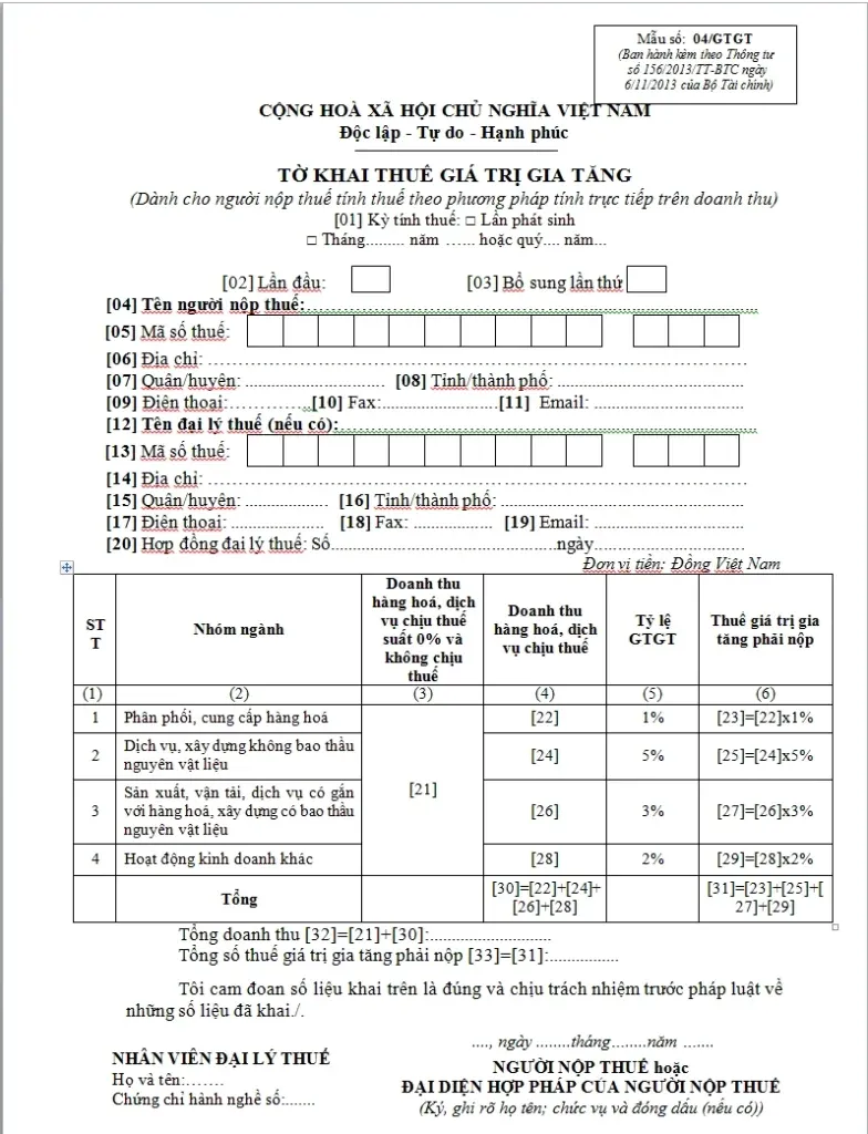 tờ khai thuế gtgt