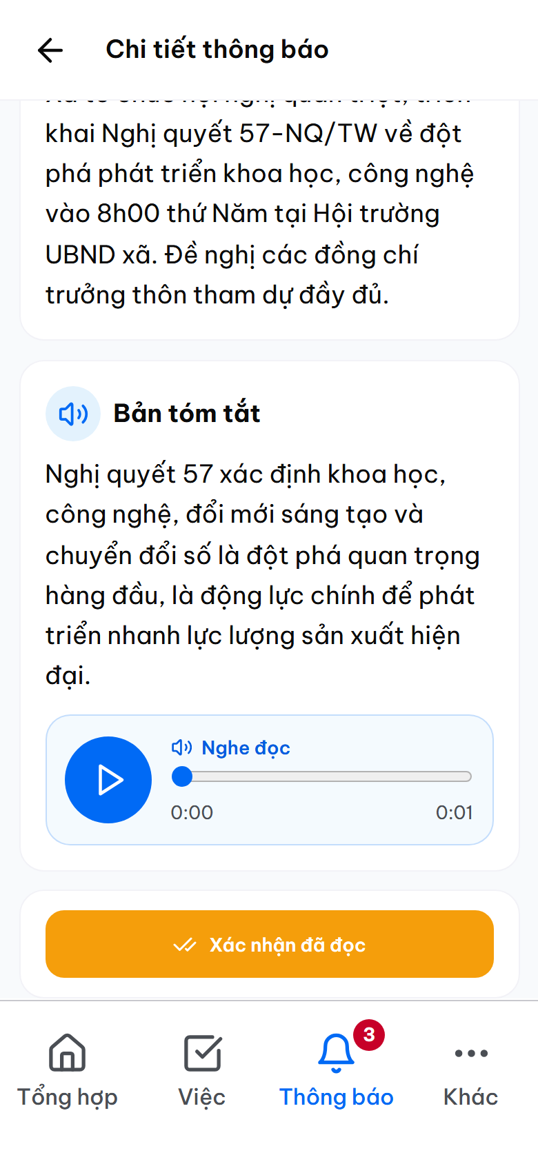 Chi tiết văn bản với nút nghe đọc thành tiếng và nút xác nhận đã đọc