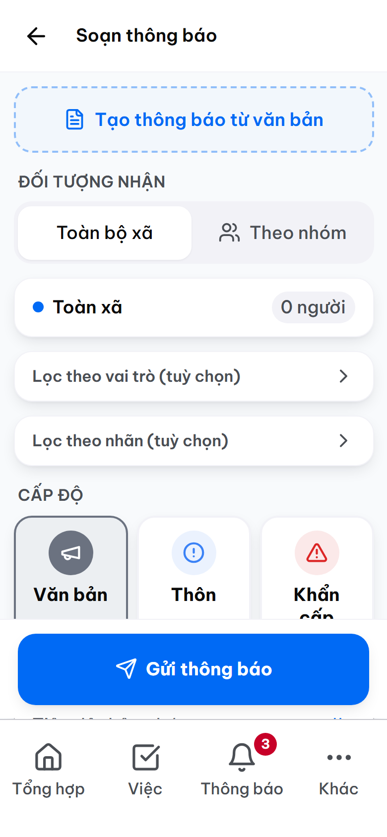 Màn hình soạn và phát hành văn bản, chọn thôn nhận