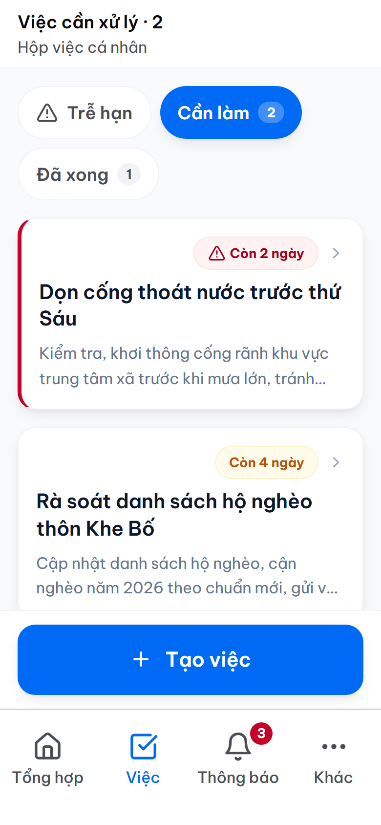 Màn hình danh sách nhiệm vụ được giao cho các thôn trên Zalo Mini App