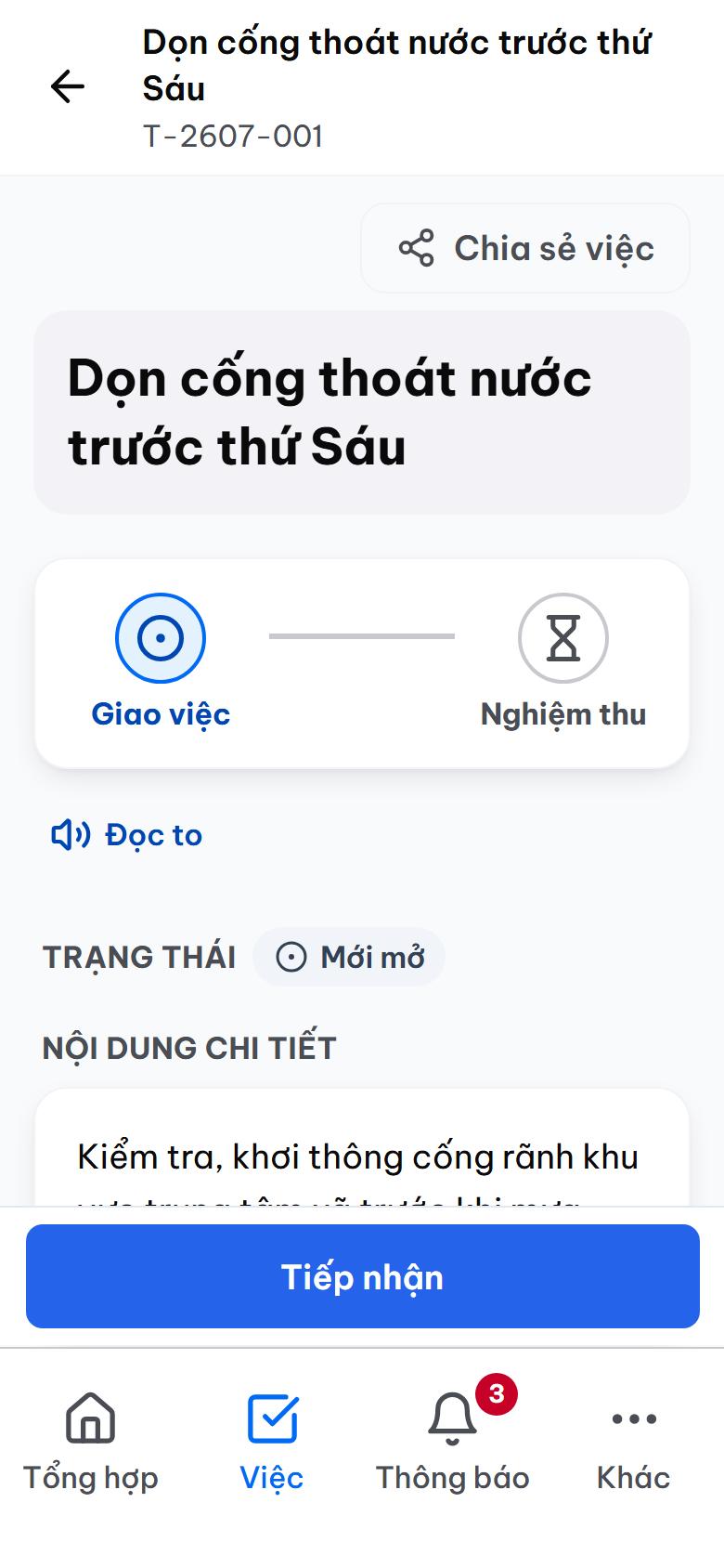 Chi tiết một nhiệm vụ giao cho thôn với trạng thái và hạn xử lý