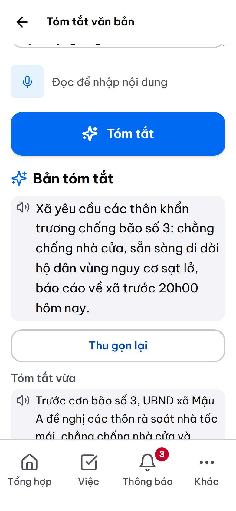Màn hình AI tóm tắt văn bản trên Zalo Mini App