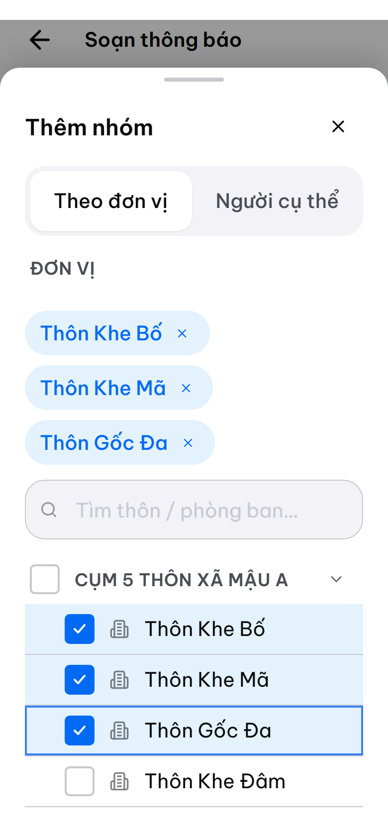 Màn hình chọn đối tượng nhận theo cụm, thôn, vai trò