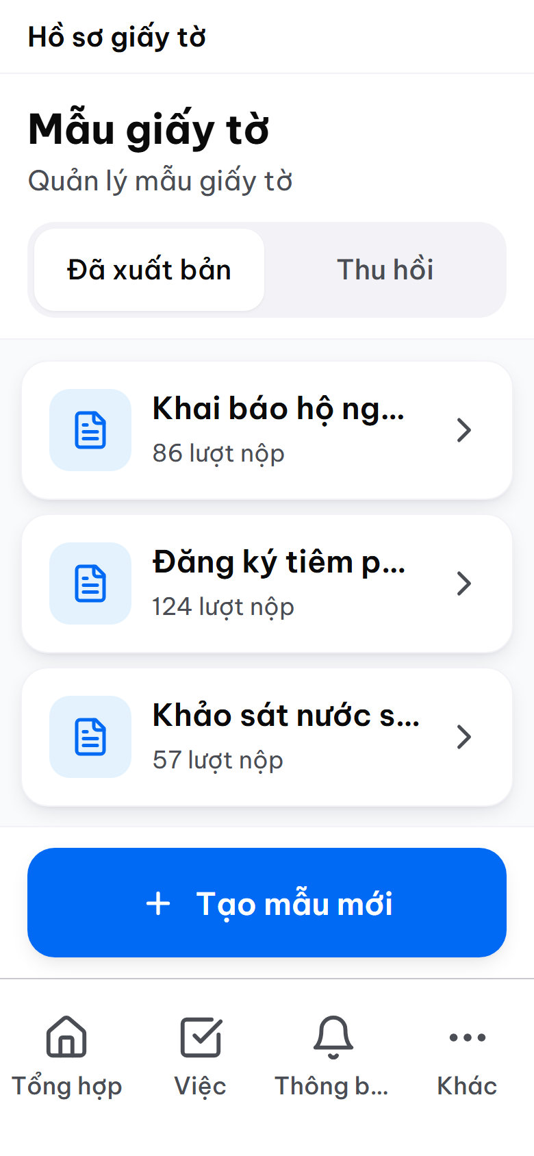 Danh sách biểu mẫu điện tử của xã kèm số lượt nộp