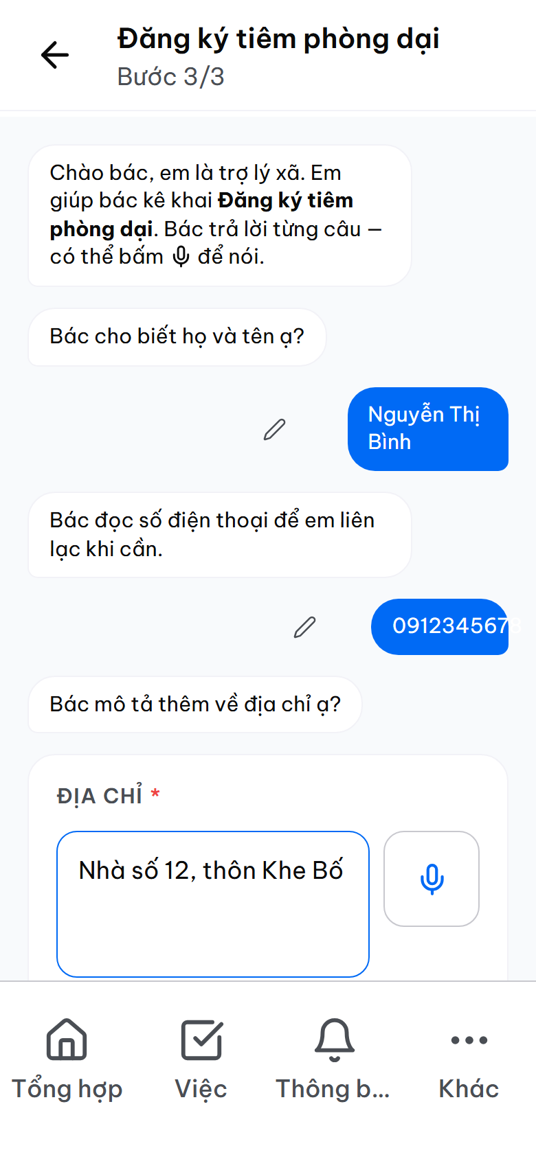 Người dân khai biểu mẫu qua khung trò chuyện