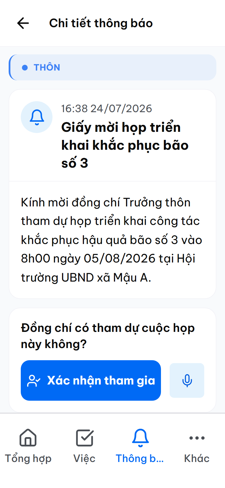 Giấy mời họp với nút xác nhận tham gia