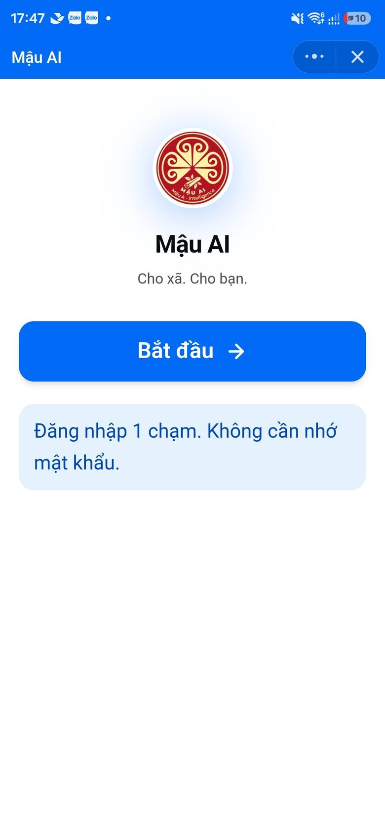Màn hình chào của Mậu AI trên Zalo với nút Bắt đầu và đăng nhập một chạm