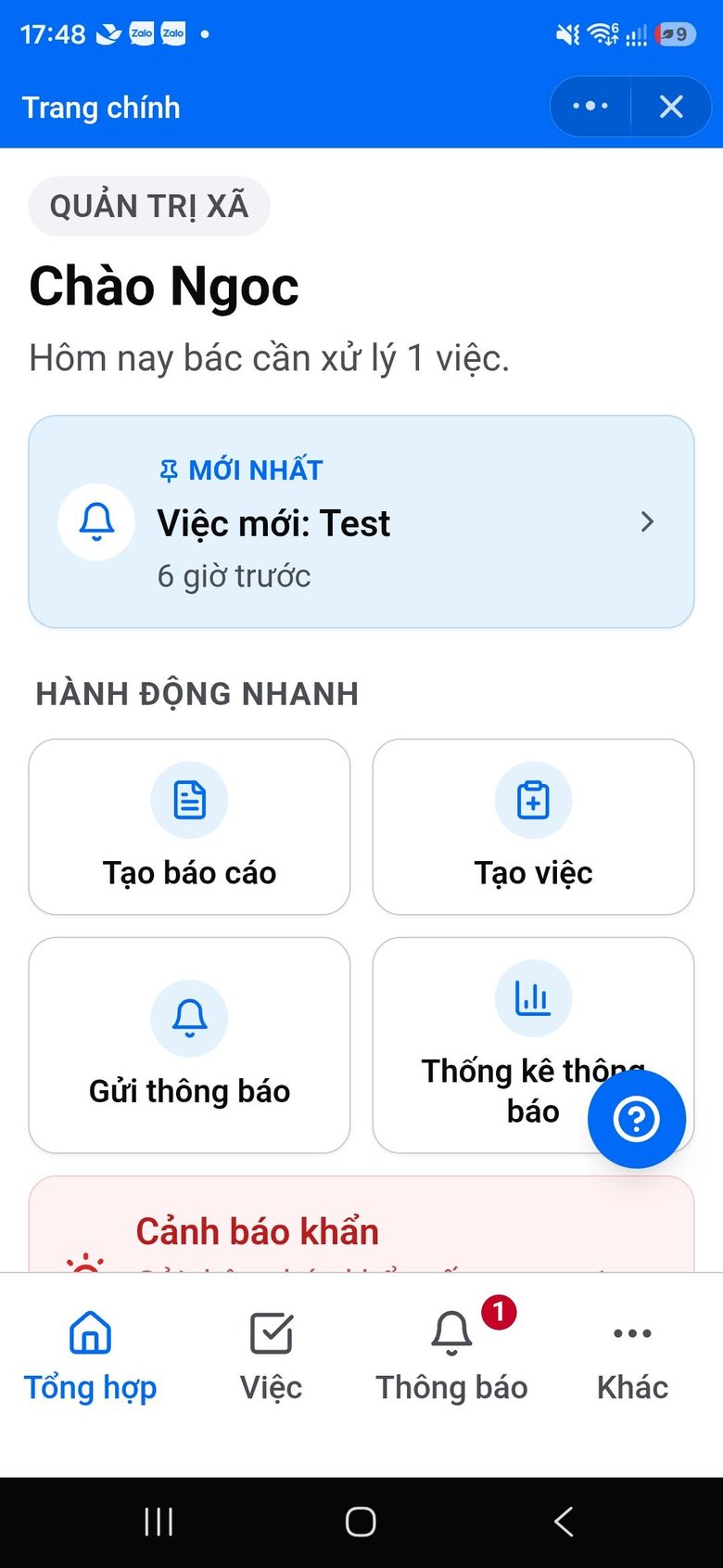Trang chính của cán bộ quản trị xã với việc cần xử lý và hành động nhanh