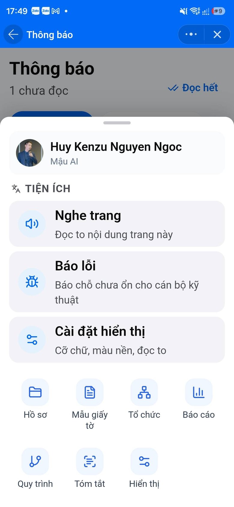 Bảng tiện ích với Nghe trang, Báo lỗi, Cài đặt hiển thị và các lối tắt