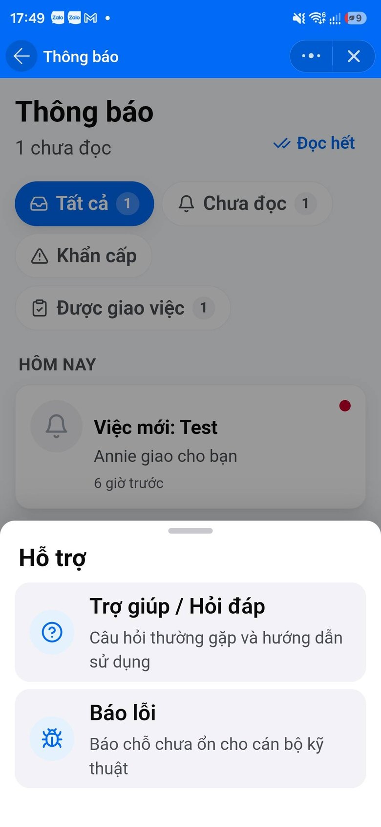 Hộp thông báo với kênh Trợ giúp Hỏi đáp và Báo lỗi