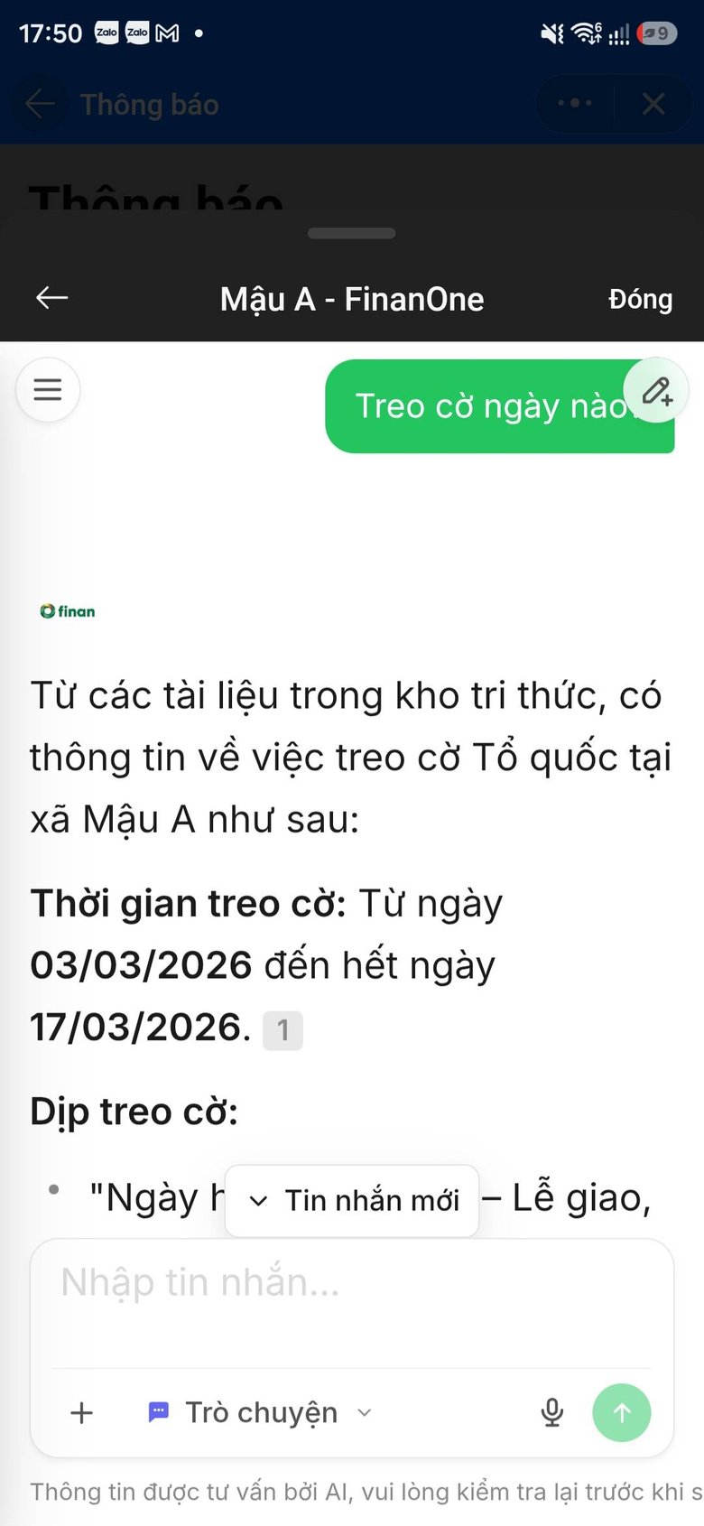 Trợ lý AI trả lời câu hỏi treo cờ ngày nào từ kho tri thức của xã kèm số nguồn