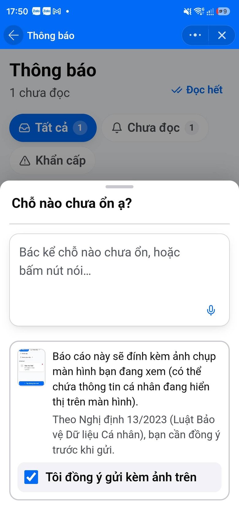 Màn hình báo lỗi kèm ảnh chụp màn hình và ô đồng ý theo Nghị định 356/2025