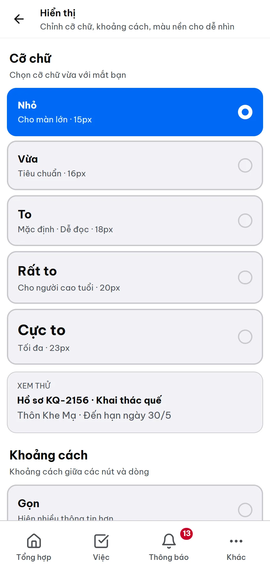 Màn cài đặt hiển thị: chọn cỡ chữ Nhỏ 15px, Vừa 16px, To 18px, Rất to 20px cho người cao tuổi, Cực to 23px, có khối xem thử ngay bên dưới