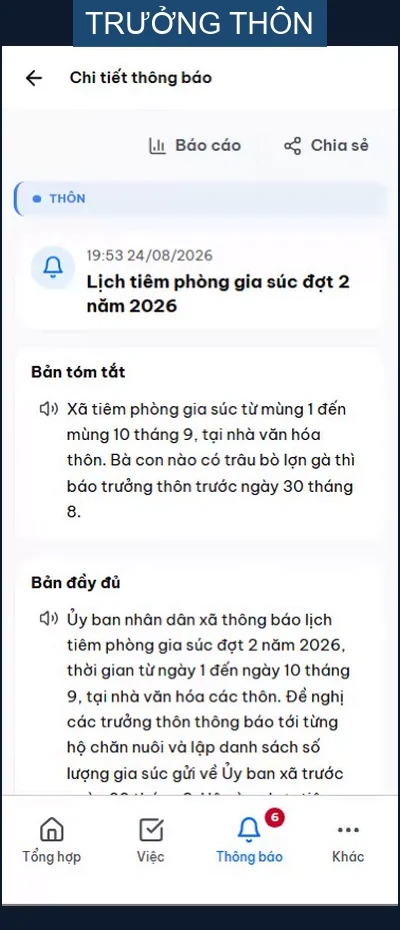 Chi tiết thông báo bên trưởng thôn: bản tóm tắt và bản đầy đủ của lịch tiêm phòng gia súc, mỗi phần có nút loa để nghe đọc