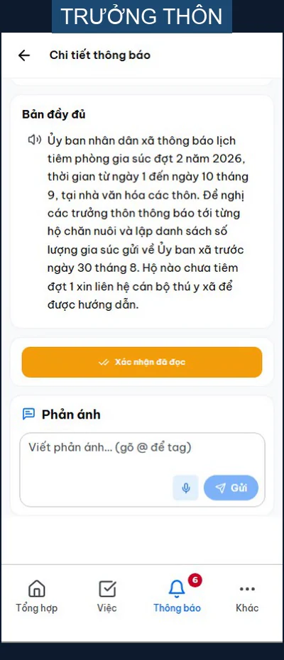 Cuối thông báo bên trưởng thôn: bản đầy đủ có nút loa, nút Xác nhận đã đọc màu cam nổi bật và ô viết phản ánh gửi lại cho xã