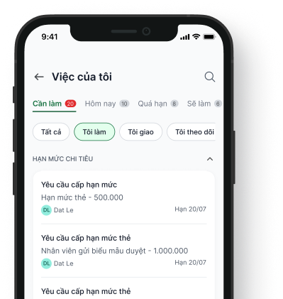 Việc của tôi: yêu cầu cấp hạn mức và phê duyệt chi tiêu
