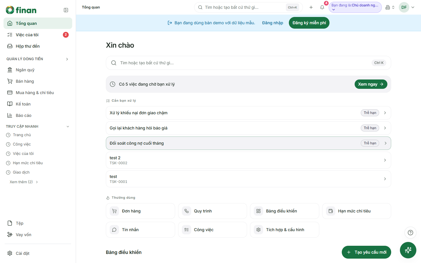 Ảnh chụp màn hình demo FinanOne: Tổng quan mỗi sáng, hiện việc chờ xử lý và lối tắt Đơn hàng, Quy trình, Tin nhắn, Tích hợp