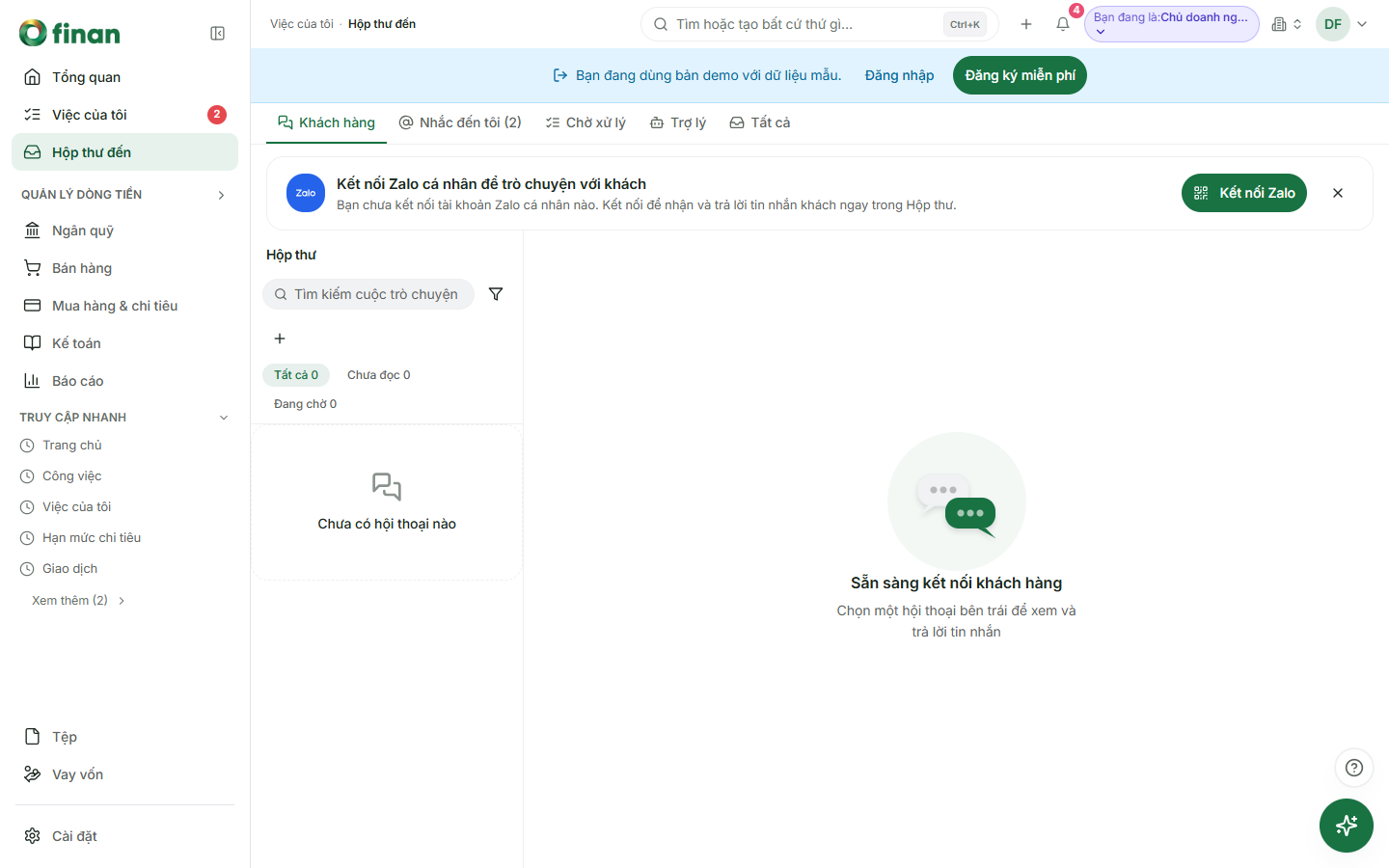 Ảnh chụp màn hình demo FinanOne: Hộp thư đến với tab Khách hàng, Chờ xử lý, Trợ lý và mục kết nối kênh Zalo, tenant demo chưa nối kênh
