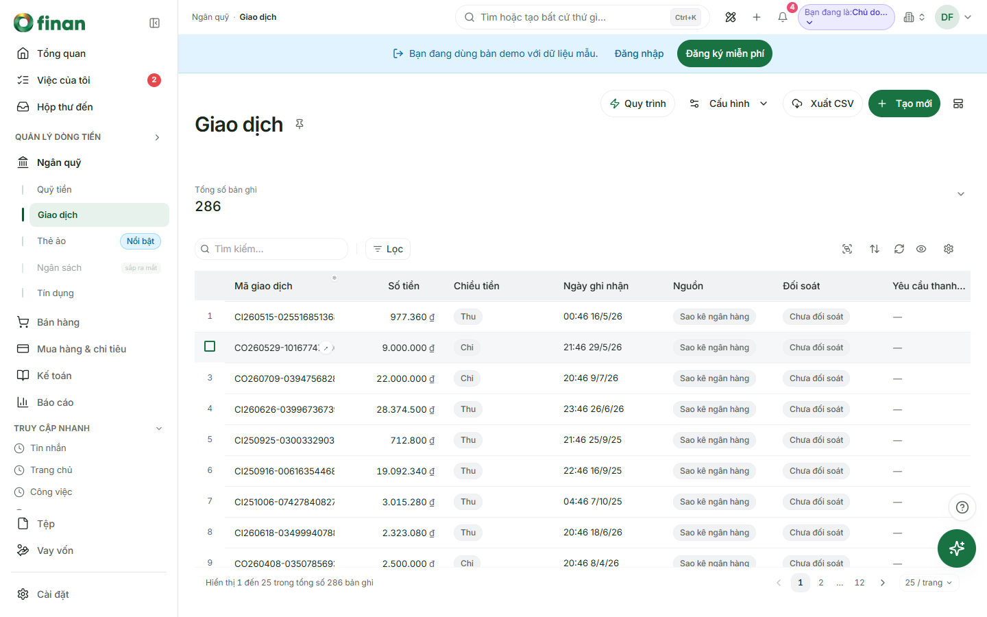 Ảnh chụp màn hình demo FinanOne: danh sách 286 giao dịch nguồn Sao kê ngân hàng, mỗi dòng có trạng thái đối soát riêng