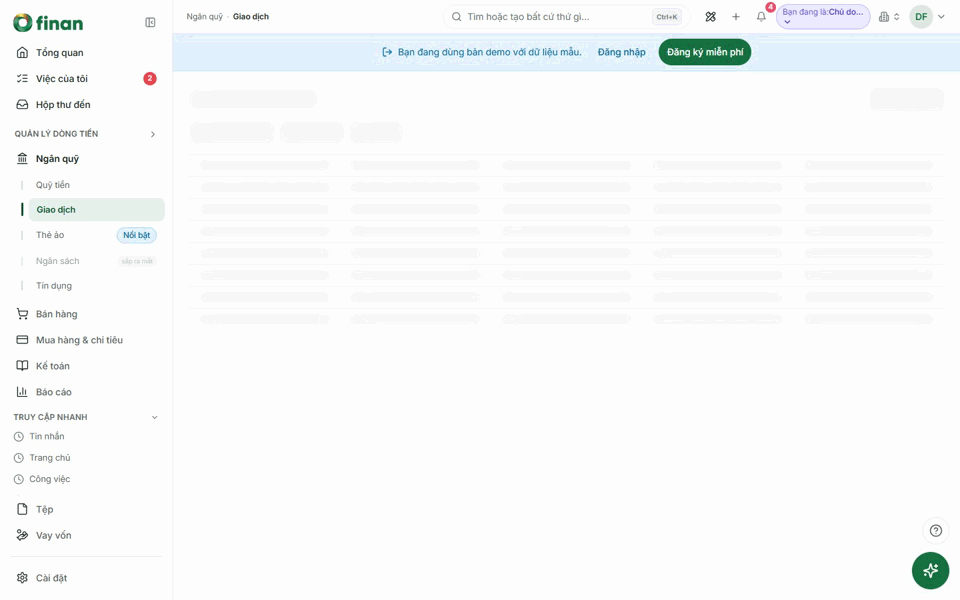 Ảnh động chụp màn hình demo FinanOne: danh sách giao dịch nguồn sao kê ngân hàng, đang mở chi tiết một dòng giao dịch