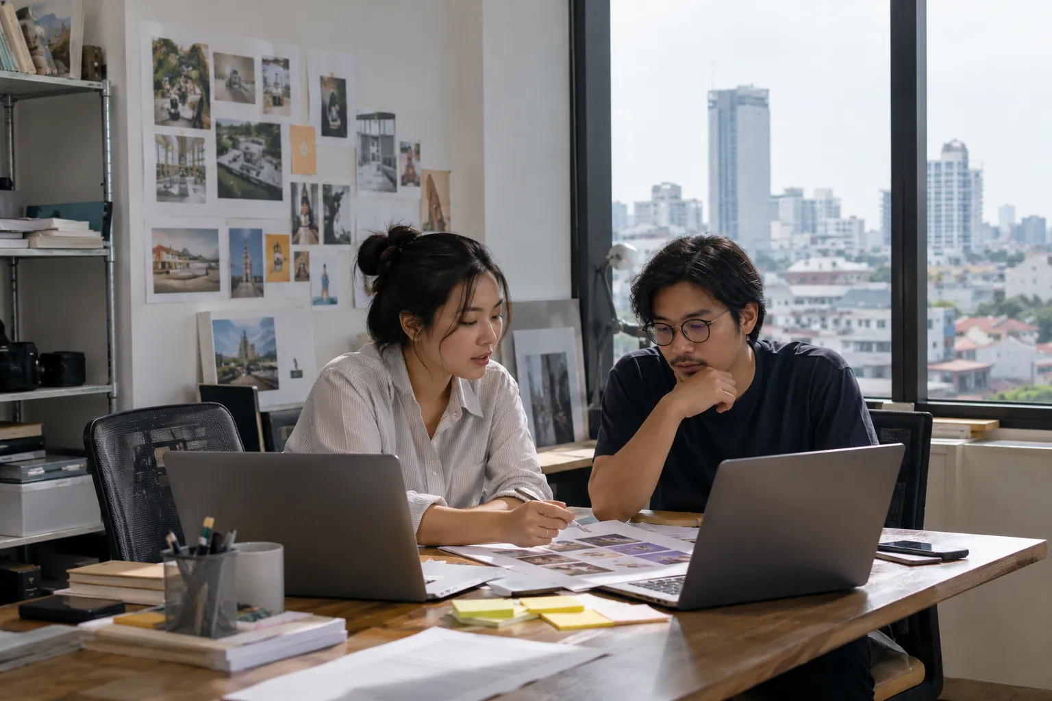 Hai đồng nghiệp ở công ty truyền thông lên kế hoạch trên máy tính