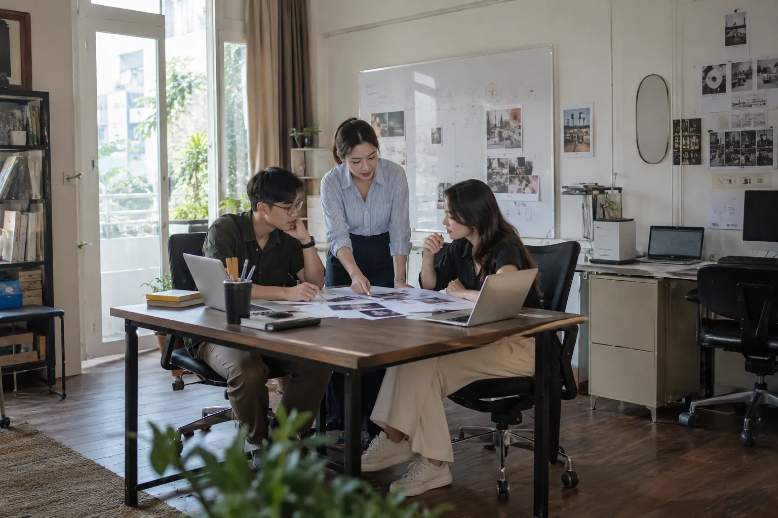Ba đồng nghiệp ở công ty truyền thông trao đổi kế hoạch chiến dịch quanh bàn họp